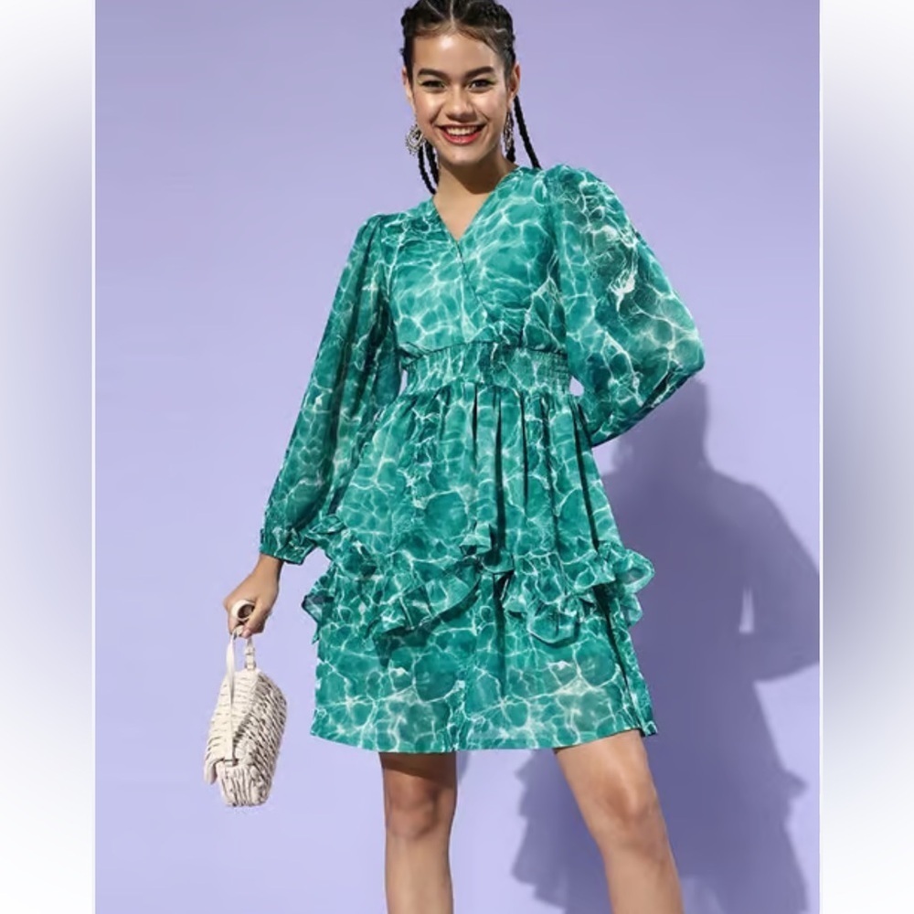 Plus S Collection Aqua Green Water Print V Neck Long Sleeve Ruffle Dress 1x